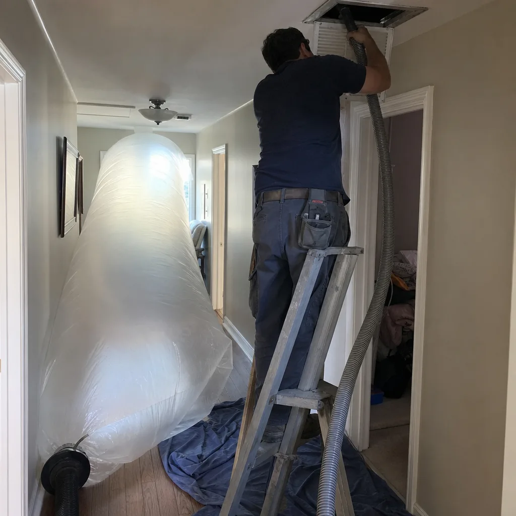 Technician performing professional air duct cleaning service in residential hallway