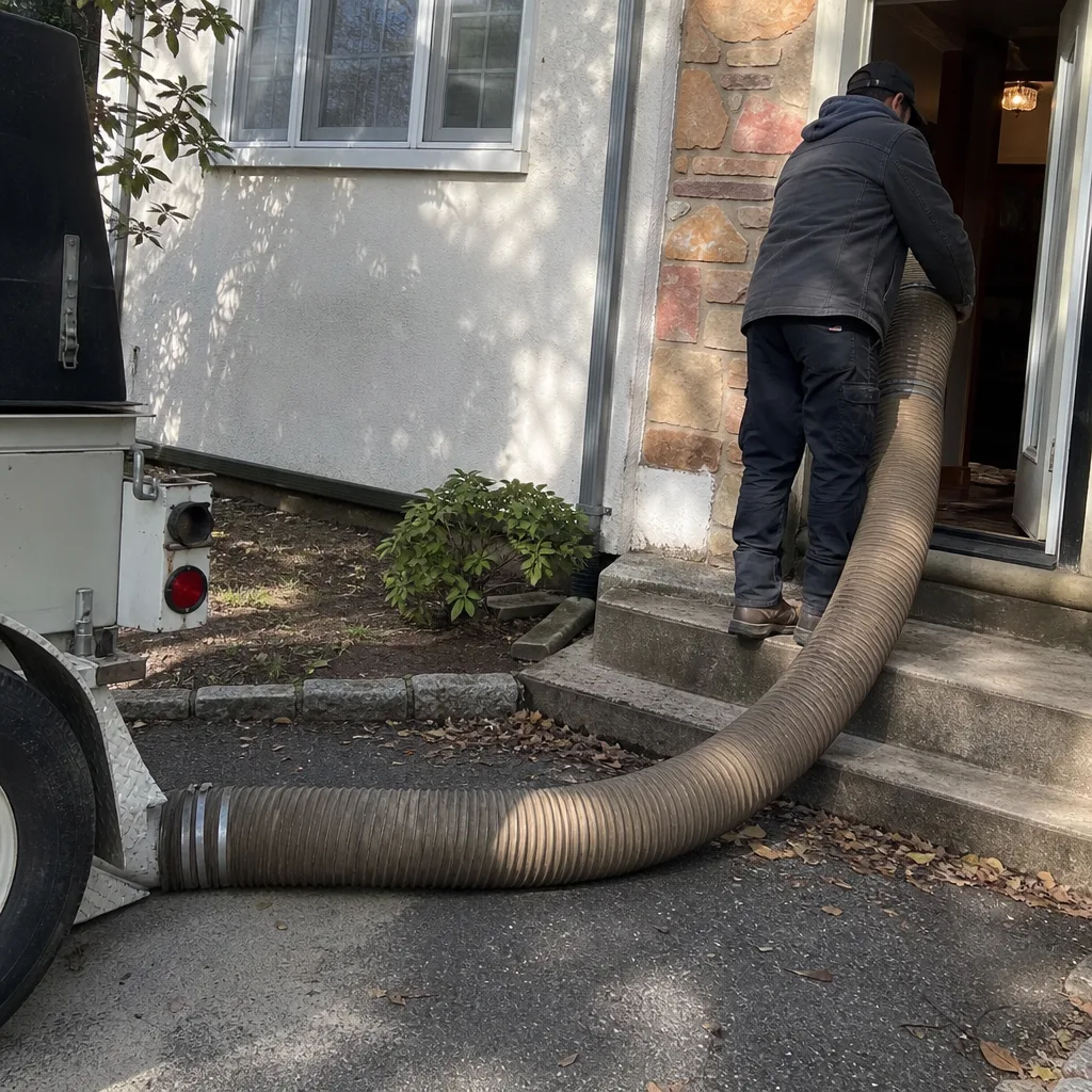 Professional air duct cleaning technician using a vacuum hose at a home