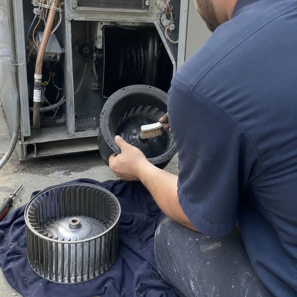 HVAC technician cleaning blower wheel components of an air conditioning unit